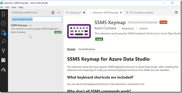 2018-10-19 17_18_34-Extension_ SSMS Keymap - Azure Data Studio