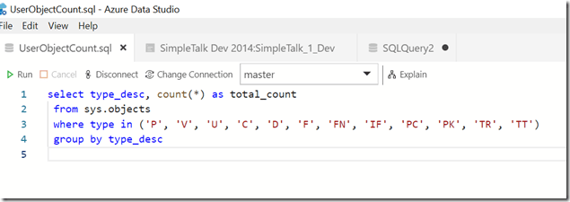 2018-10-20 16_41_15-UserObjectCount.sql - Azure Data Studio