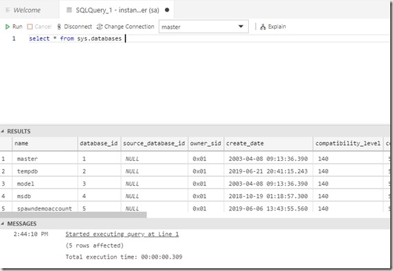 2019-06-21 14_44_21-● SQLQuery_1 - instances.spawn.cc,53231.master (sa) - CoolADSNotebooks - Azure D