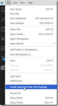 File menu in ADS with extension install highlighted