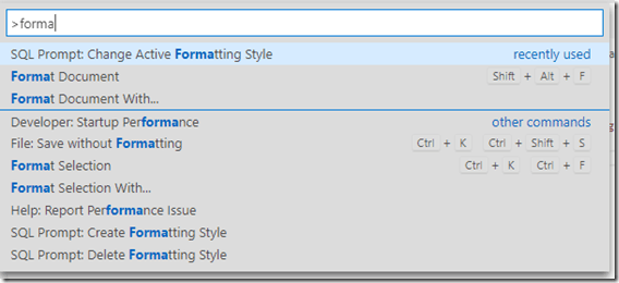 command palette with format options