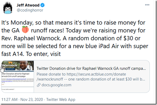 2020-11-30 15_28_03-Jeff Atwood on Twitter_ _It's Monday, so that means it's time to raise money for