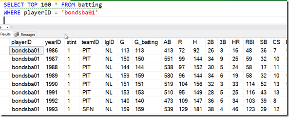 2021-07-06 12_58_18-SQLQuery1.sql - ARISTOTLE.BaseballData (ARISTOTLE_Steve (51))_ - Microsoft SQL S