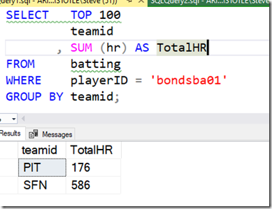 2021-07-06 13_00_35-SQLQuery1.sql - ARISTOTLE.BaseballData (ARISTOTLE_Steve (51))_ - Microsoft SQL S