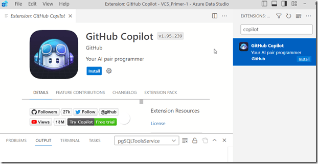 2023-08-02 12_33_05-Extension_ GitHub Copilot - VCS_Primer-1 - Azure Data Studio