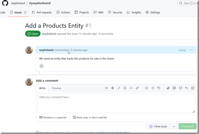 2024-01-05 17_01_26-Add a Products Entity · Issue #1 · way0utwest_FlywayNorthwind — Mozilla Firefox