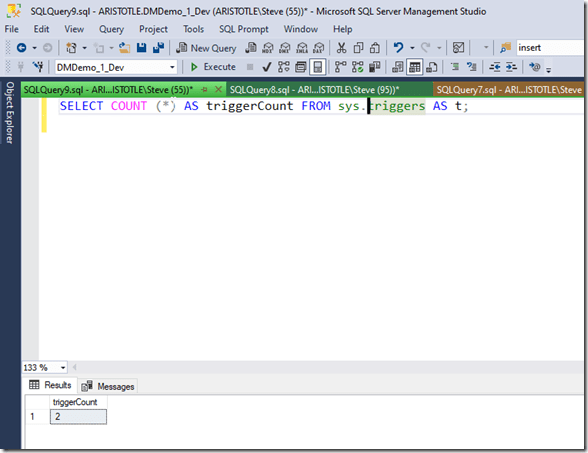 2024-02-07 15_18_10-SQLQuery9.sql - ARISTOTLE.DMDemo_1_Dev (ARISTOTLE_Steve (55))_ - Microsoft SQL S